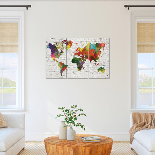 Runa Art Wandbilder Weltkarte Bild XXL Büro Wohnzimmer Bunt Steinoptik Ziegel 120 x 80 cm 3 Teilig 107531a