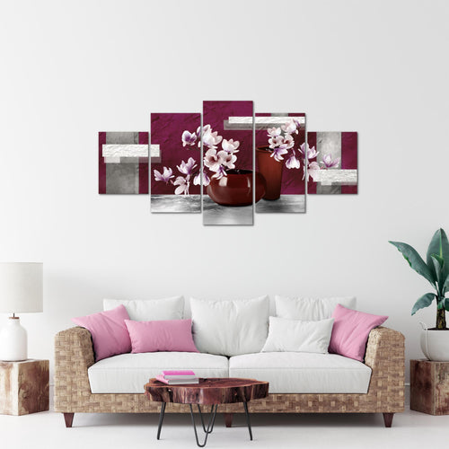 Runa Art Bild Wohnzimmer Schlafzimmer Blumen Abstrakt 5 Teilig Blumenvase Grau Rot Wandbilder auf Vlies Leinwand 035253a