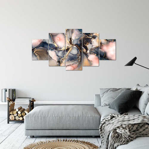 Runa Art Bild Wohnzimmer Schlafzimmer Abstrakt 5 Teilig Pastel blau rosa Gold Wandbilder auf Vlies Leinwand 043853a