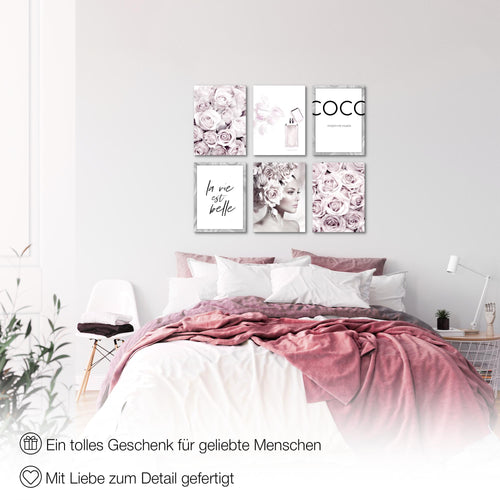 Novart Wandbilder - KEIN EXTRA RAHMEN BENÖTIGT - Wohnzimmer Mädchen Teenager - Bilder Modern Coco Fashion - Grau Rosa - N000765a