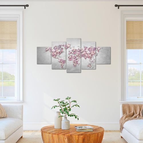 Runa Art Bild Wohnzimmer Schlafzimmer Weltkarte Blumen 5 Teilig Steinwand Grau Rosa Wandbilder auf Vlies Leinwand 023253a