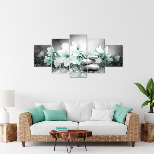Runa Art Bild Wohnzimmer Schlafzimmer Blumen Magnolien 5 Teilig Abstrakt Grau Türkis Wandbilder auf Vlies Leinwand 035453b