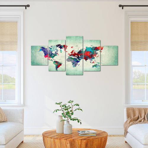 Runa Art - Bilder Weltkarte 200 x 100 cm 5 Teilig XXL Wanddekoration Design Bunt Grün 105151b