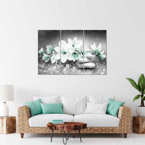 Runa Art Wandbilder Blumen Magnolien Bild XXL Wohnzimmer Schlafzimmer Grau Türkis Abstrakt 120 x 80 cm 3 Teilig 035431b