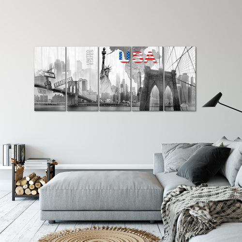 Runa Art Wandbild XXL New York Wohnzimmer Büro 200 x 80 cm Schwarz Weiss 5 Teilig - Made in Germany - 034755c