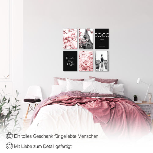 Novart Wandbilder Set Fashion Paris - KOMPLETT AUFHÄNGFERTIG - Made in Germany - Moderne Bilder  Wohnzimmer Mädchen Teenager - N008364a