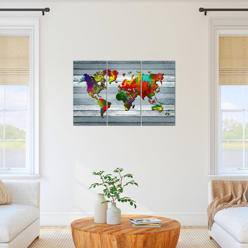 Runa Art Wandbilder Weltkarte Bild XXL Büro Wohnzimmer Bunt Kontinente Holz 120 x 80 cm 3 Teilig 105431c