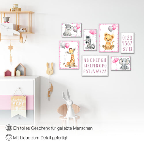 Novart Wandbilder Tiere - KOMPLETT AUFHÄNGFERTIG - Afrika Rosa Kinderzimmer Mädchen - 7 Moderne Mood-Bilder - N016671a
