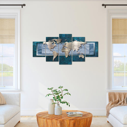 Runa Art Bild Büro Wohnzimmer Weltkarte 5 Teilig Kontinente Metall Blau Wandbilder auf Vlies Leinwand 106753c