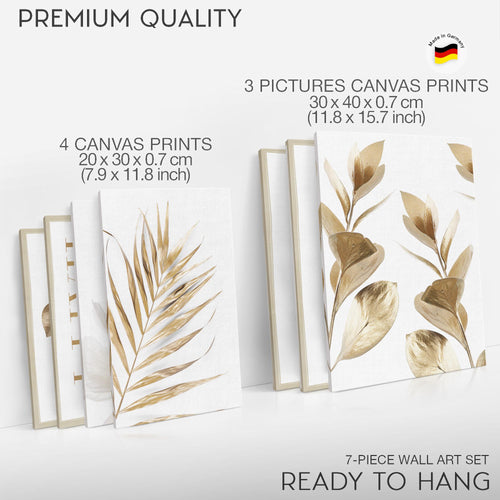 Novart Wandbilder Boho Gold Blätter - KOMPLETT AUFHÄNGFERTIG - Home Wohnzimmer Schlafzimmer - 7 Moderne Mood-Bilder - N021571a