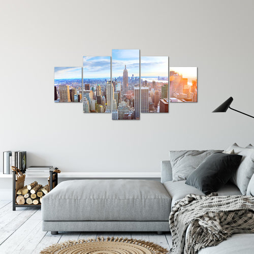 Runa Art Bild Wohnzimmer Büro New York Skyline 5 Teilig NY City Blau Beige Wandbilder auf Vlies Leinwand 010253a