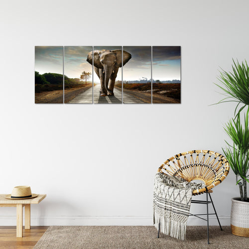 Runa Art Bild Afrika Elefant Wandbilder auf Vlies Leinwand 5 Teilig Wanddekoration Wohnzimmer Schlafzimmer 042656a