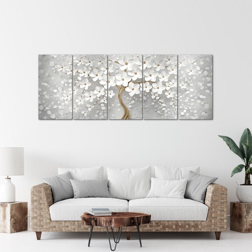 Runa Art Wandbild XXL Blumen Wohnzimmer Schlafzimmer 200 x 80 cm Weiss Gold 5 Teilig - Made in Germany - 039755a