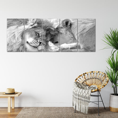 Runa Art Wandbild XXL Löwen Liebe Wohnzimmer Schlafzimmer 200 x 80 cm Schwarz Weiss 5 Teilig - Made in Germany - 002155c