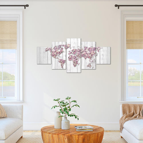 Runa Art Bild Wohnzimmer Schlafzimmer Weltkarte Blumen 5 Teilig Vintage Grau Rosa Wandbilder auf Vlies Leinwand 023253b