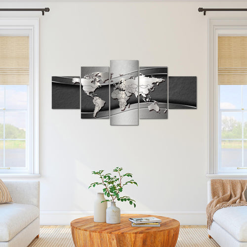 Runa Art - Bilder Weltkarte 200 x 100 cm 5 Teilig XXL Wanddekoration Design Schwarz 107251a