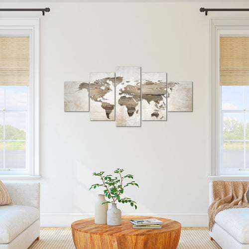 Runa Art Bild Büro Wohnzimmer Weltkarte 5 Teilig Abstrakt Beige Braun Wandbilder auf Vlies Leinwand 035053a