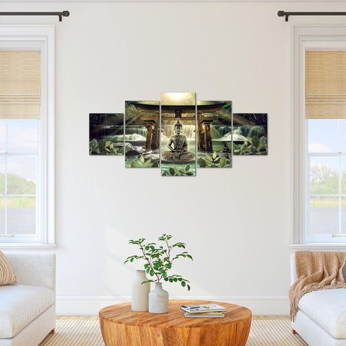 Runa Art Bild Wohnzimmer Schlafzimmer Feng Shui Buddha 5 Teilig Spa Grün Braun Wandbilder auf Vlies Leinwand 036453a