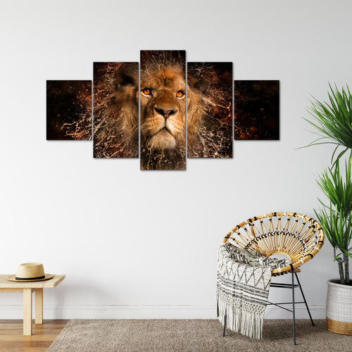 Runa Art Bild Wohnzimmer Schlafzimmer Afrika Löwe 5 Teilig Abstrakt Tiere Schwarz Gold Wandbilder auf Vlies Leinwand 040753a