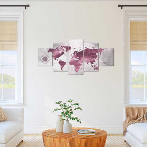 Runa Art Bild Büro Wohnzimmer Weltkarte 5 Teilig Vintage Antik Pink Wandbilder auf Vlies Leinwand 026053b
