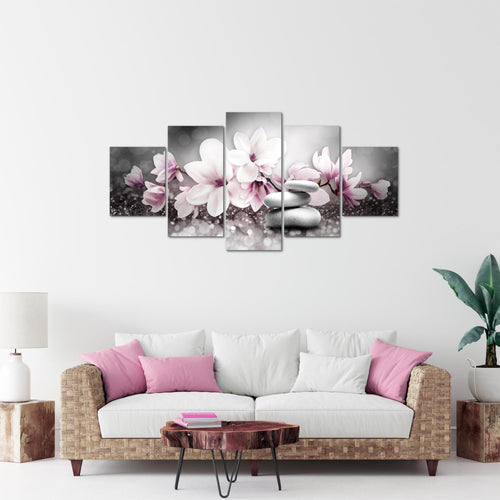Runa Art Bild Wohnzimmer Schlafzimmer Blumen Magnolien 5 Teilig Abstrakt Grau Rosa Wandbilder auf Vlies Leinwand 035453a