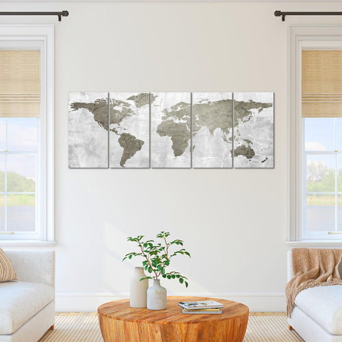 Runa Art Wandbild XXL Weltkarte Büro Wohnzimmer 200 x 80 cm Braun 5 Teilig - Made in Germany - 104355b
