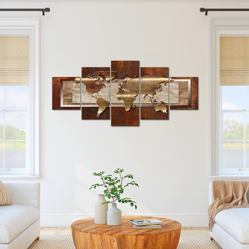 Runa Art - Bilder Weltkarte 200 x 100 cm 5 Teilig XXL Wanddekoration Design Braun 106751a