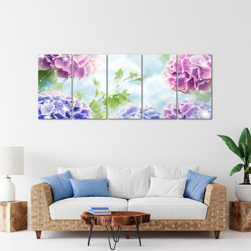 Runa Art Wandbild XXL Blumen Hortensien Wohnzimmer Schlafzimmer 200 x 80 cm Blau 5 Teilig - Made in Germany - 017455a