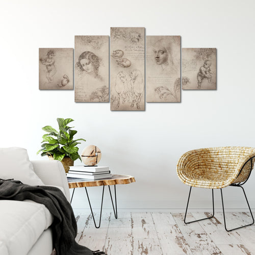Runa Art - Bilder Berühmte Maler 200 x 100 cm 5 Teilig XXL Wanddekoration Design Skizzen Beige 010351a
