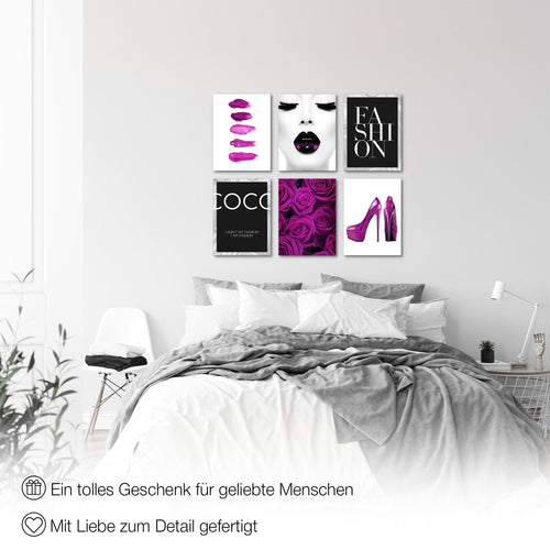 Novart Wandbilder - KEIN EXTRA RAHMEN BENÖTIGT - Wohnzimmer Mädchen Teenager - Bilder Modern Fashion Coco - Schwarz Weiss Violett - N002265c
