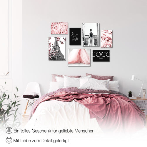 Novart Wandbilder Fashion Paris - KOMPLETT AUFHÄNGFERTIG - Rosa Wohnzimmer Mädchen Teenager - 7 Moderne Mood-Bilder - N008371a
