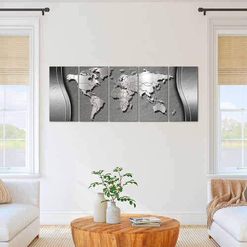 Runa Art Wandbild XXL Weltkarte Büro Wohnzimmer 200 x 80 cm Silber 5 Teilig - Made in Germany - 107255b