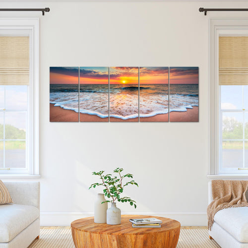 Runa Art Wandbild XXL Strand Meer Wohnzimmer Schlafzimmer 200 x 80 cm Orange 5 Teilig - Made in Germany - 044555a