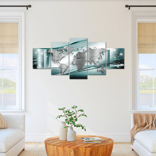 Runa Art - Bilder Weltkarte 200 x 100 cm 5 Teilig XXL Wanddekoration Design Türkis 108351c