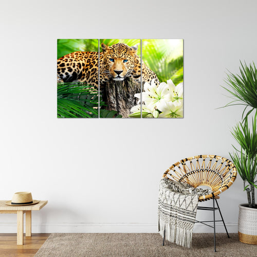 Runa Art Wandbilder Afrika Leopard Bild XXL Wohnzimmer Schlafzimmer Grün Raubkatze Dschungel 120 x 80 cm 3 Teilig 006731b