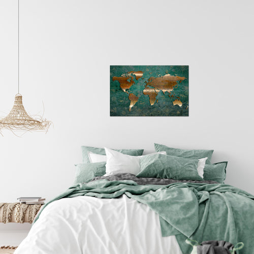 Runa Art Bild Weltkarte Modern Wandbilder Wohnzimmer Büro 1 Teilig - Made In Germany - Antik Grün Braun Flur 109015b