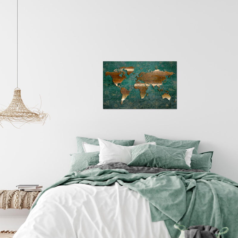 Runa Art Bild Weltkarte Modern Wandbilder Wohnzimmer Büro 1 Teilig - Made In Germany - Antik Grün Braun Flur 109015b
