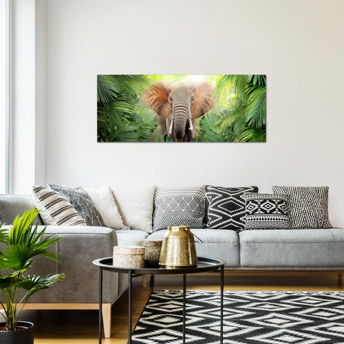 Runa Art Wandbild Elefant Abstrakt 1 Teilig 100 x 40 cm Modern Bild auf Vlies Leinwand Natur Wohnzimmer Schlafzimmer Grün 037512b