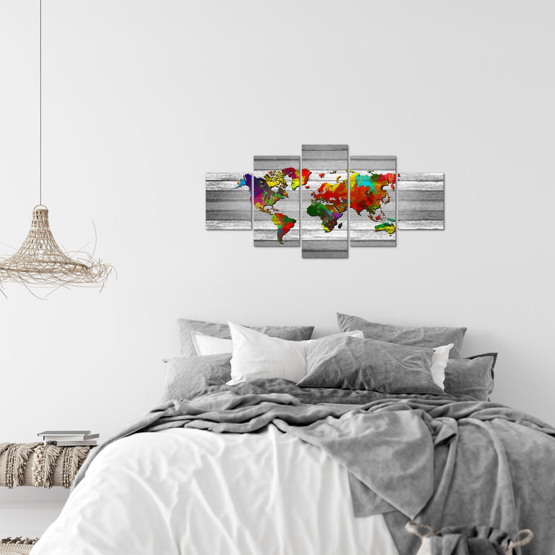 Runa Art Wandbilder Weltkarte 5 Teilig Bild auf Vlies Leinwand Deko Büro Wohnzimmer Kontinente Holz Bunt 105452b