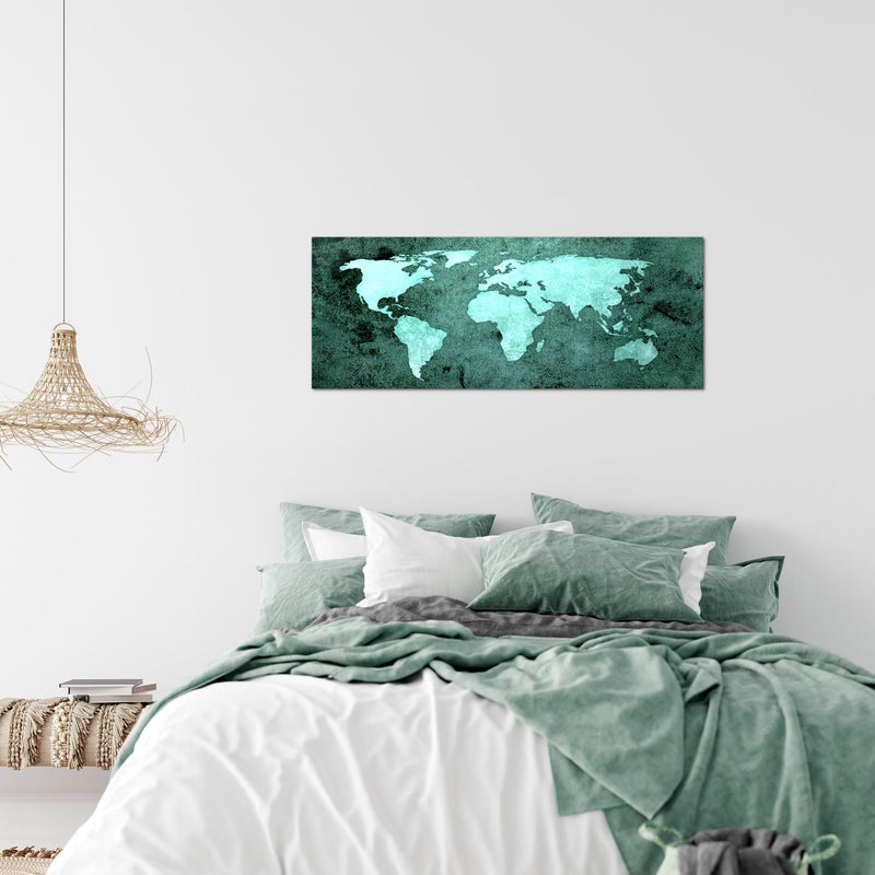 Runa Art Wandbild Weltkarte 1 Teilig 100 x 40 cm Modern Bild auf Vlies Leinwand Vintage Antik Büro Wohnzimmer Türkis 101712b