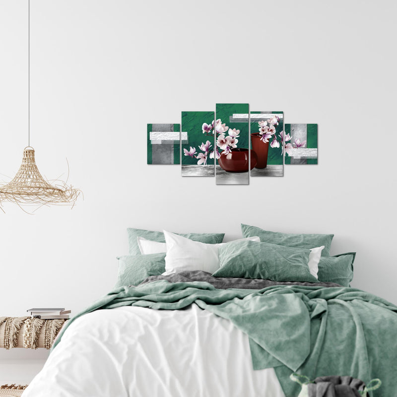Runa Art Wandbilder Blumen Abstrakt 5 Teilig Bild auf Vlies Leinwand Deko Wohnzimmer Blumenvase Türkis Grau 035252b