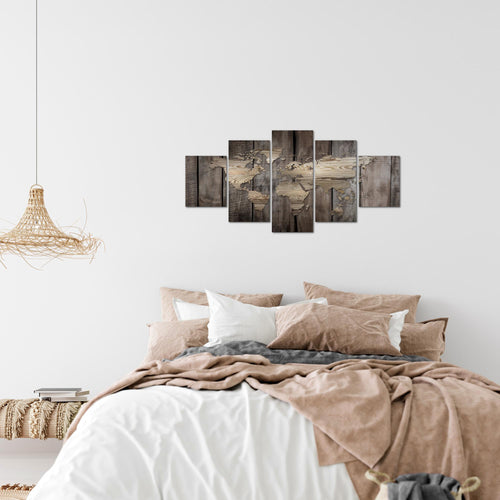 Runa Art Wandbilder Weltkarte 5 Teilig Bild auf Vlies Leinwand Deko Büro Wohnzimmer Holzoptik Beige Braun 035052b