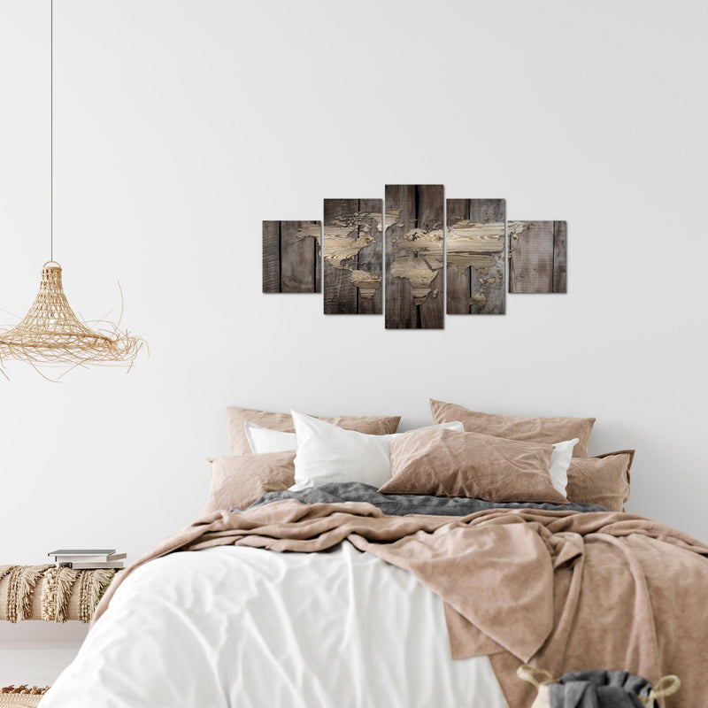Runa Art Wandbilder Weltkarte 5 Teilig Bild auf Vlies Leinwand Deko Büro Wohnzimmer Holzoptik Beige Braun 035052b