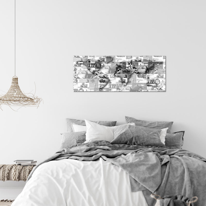 Runa Art Wandbild Weltkarte Banksy Collage 1 Teilig 100 x 40 cm Modern Bild auf Vlies Leinwand Pop Art Loft Wohnzimmer Grau 104512c