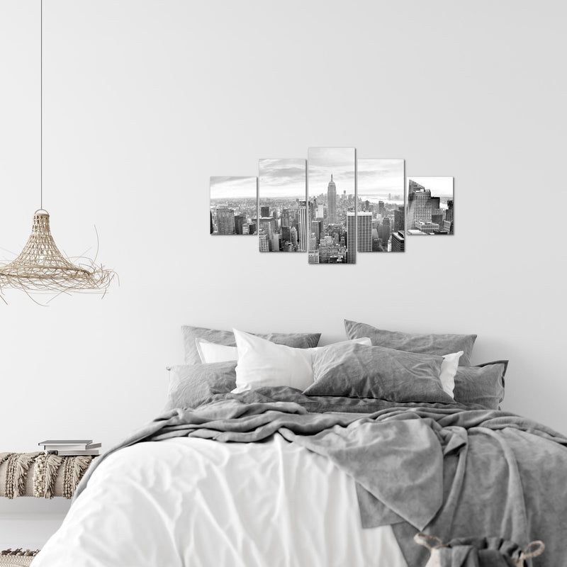 Runa Art Wandbilder New York Skyline 5 Teilig Bild auf Vlies Leinwand Deko Wohnzimmer Büro Städte Schwarz Weiss 010252c
