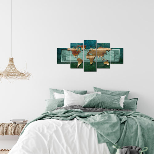 Runa Art Wandbilder Weltkarte 5 Teilig Bild auf Vlies Leinwand Deko Büro Wohnzimmer Landkarte metall Grün 106752b