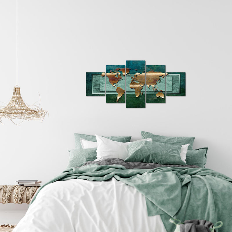 Runa Art Wandbilder Weltkarte 5 Teilig Bild auf Vlies Leinwand Deko Büro Wohnzimmer Landkarte metall Grün 106752b