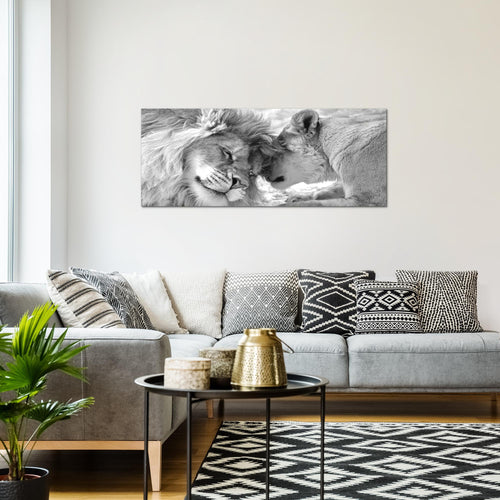 Runa Art Wandbild Löwen Liebe 1 Teilig 100 x 40 cm Modern Bild auf Vlies Leinwand Löwen Familie Wohnzimmer Schlafzimmer Schwarz Weiss 002112c