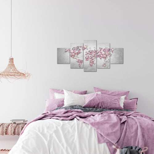 Runa Art Wandbilder Weltkarte Blumen 5 Teilig Bild auf Vlies Leinwand Deko Wohnzimmer Kontinente Rosa Grau 023252a