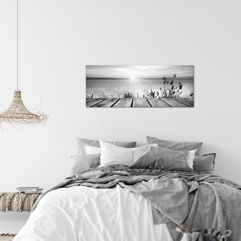 Runa Art Wandbild Brücke Am See 1 Teilig 100 x 40 cm Modern Bild auf Vlies Leinwand Landschaft Wohnzimmer Schlafzimmer Schwarz Weiss 034312c